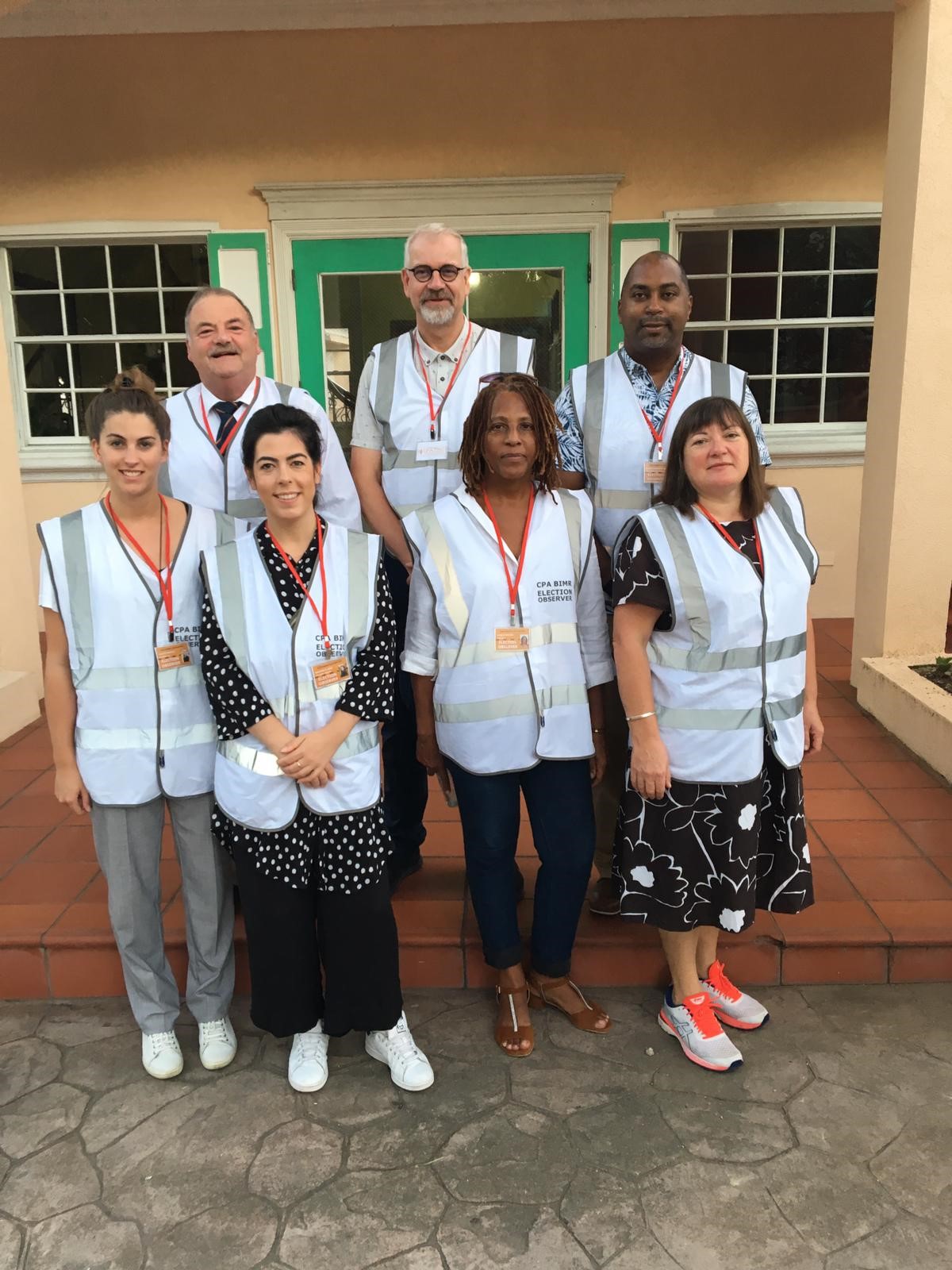 The international observers (from back left clockwise) Martyn Perkins MHK, Isle of Man; Harald Jepsen, Denmark; Hon Julian Robinson MP, Jamaica, Head of Mission; Anne Marlborough, Ireland; Aurjul Wilson, Anguilla; Mariam El-Azm, France; Felicity Newall, UK