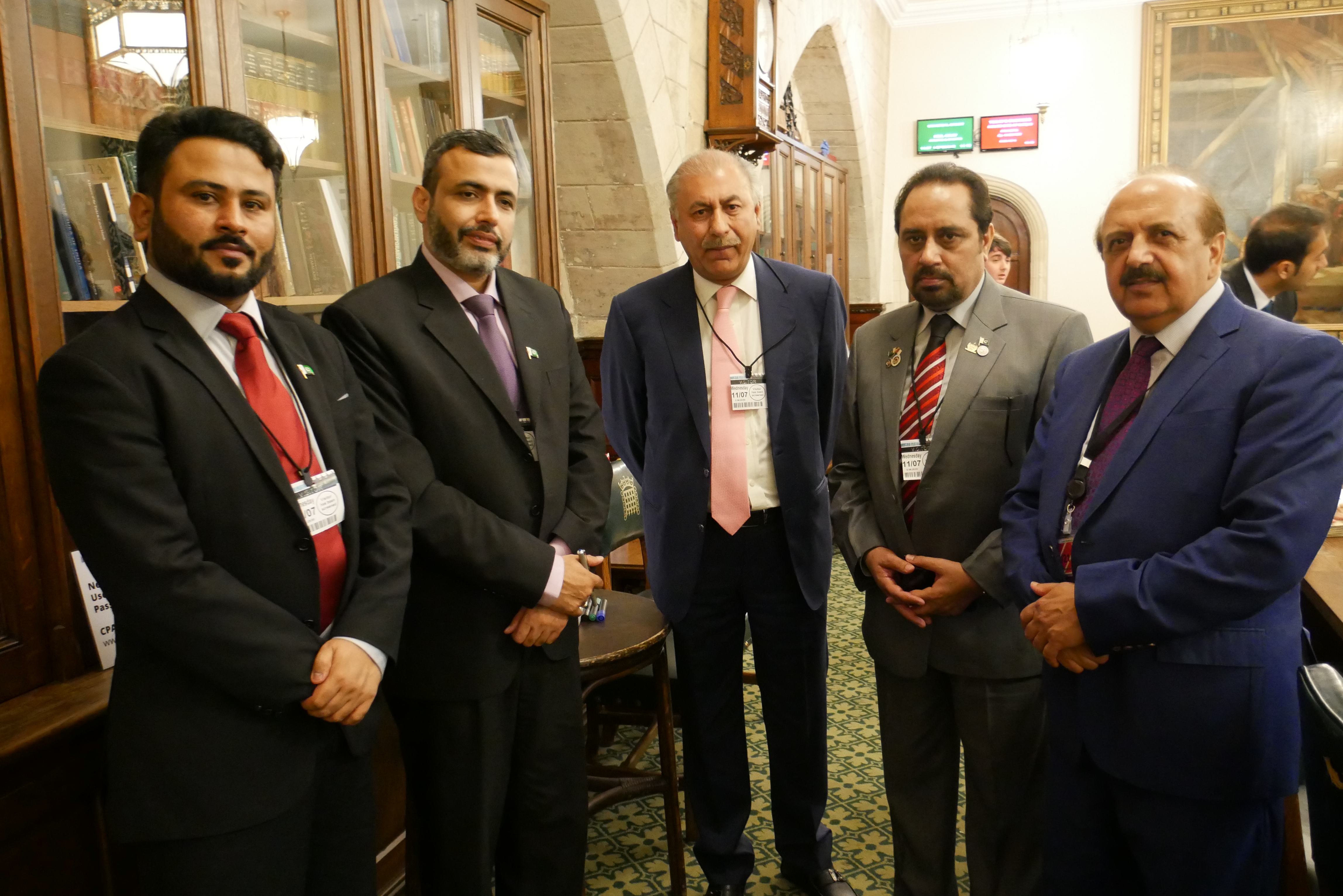 l.t.r.: Asghar Ali Mahar, Protocol Officer; Major Syed Hasnain Haider, Accompanying Secretary; Senator Mohsin Aziz Khan, Chair, Senate Standing Committee (SSC) on Petroleum; Senator Mian Muhammad Ateeq Shaikh, Chair, SSC on National Health Services Regulations and Coordination; Lord Hussain, Vice Chair, All-Party Parliamentary Group on Pakistan Not pictured: Senator Muhammad Javed Abbasi, Chair, SSC on Law and Justice