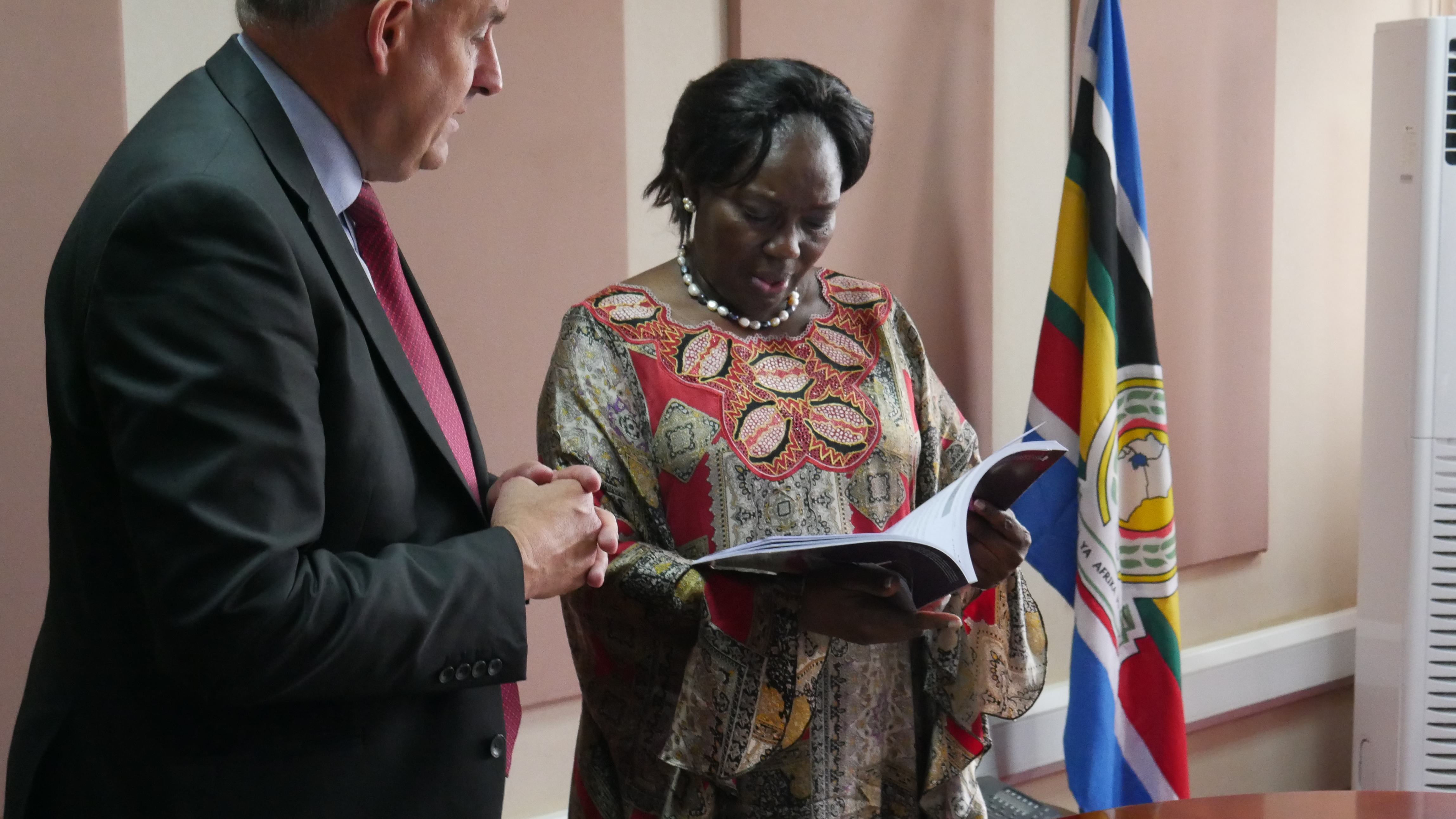 David Hanson MP presents the e-Handbook to the Speaker of the Ugandan Parliament, Rebecca Kadaga