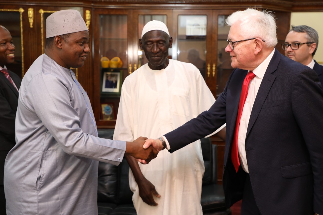 H.E. President Adama Barrow greets Delegation Leader the Lord German OBE, Hon. Juan Watterson SHK, Hon. Sidia Jatta