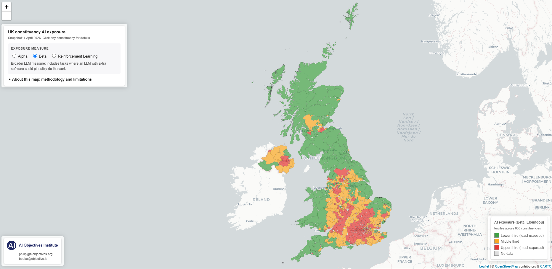 Screen capture of the AI exposure map across UK constituencies, July 2026