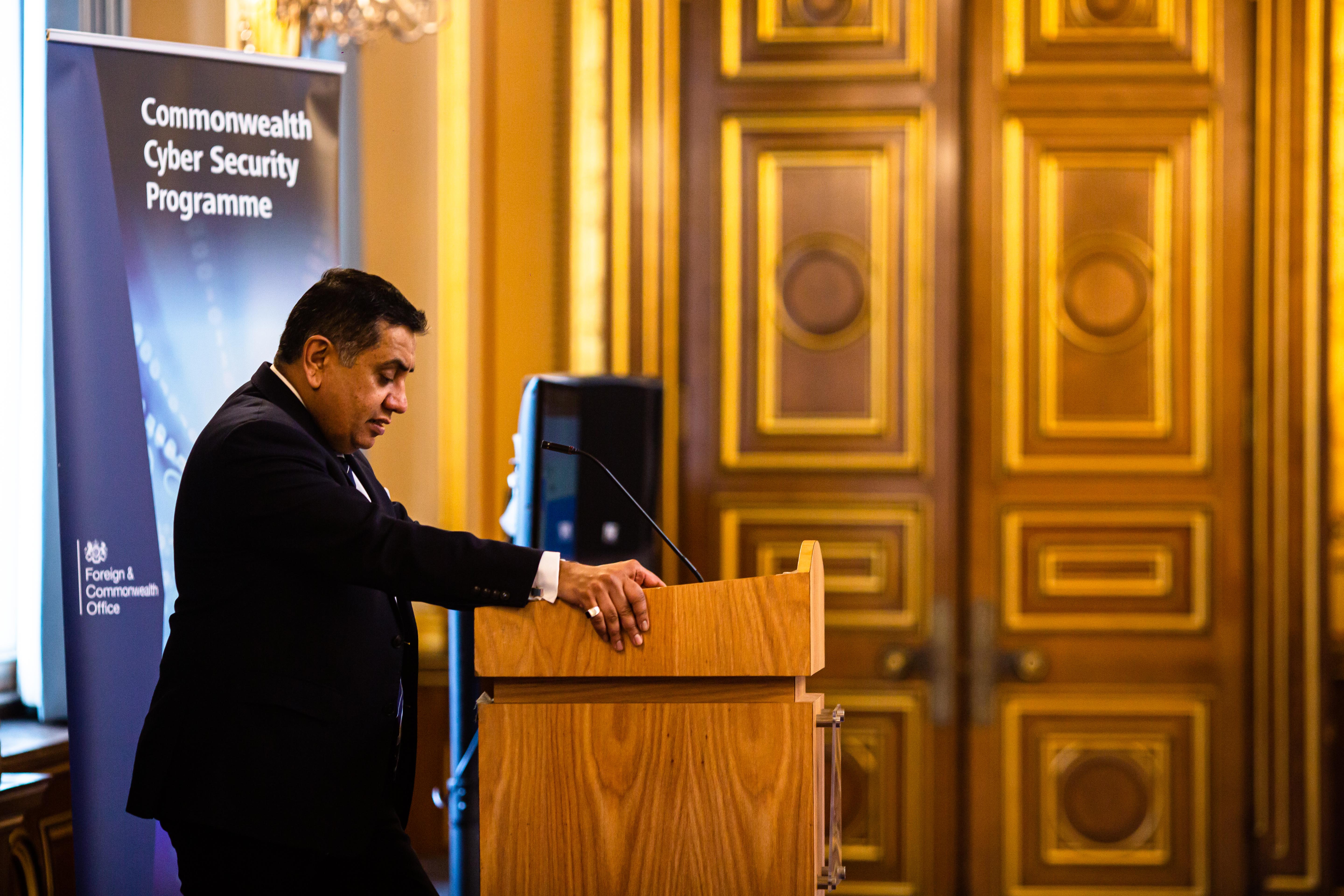 Lord Ahmad, Minster of the Commonwealth, addressing delegates at the 2020 Cybersecurity Workshop