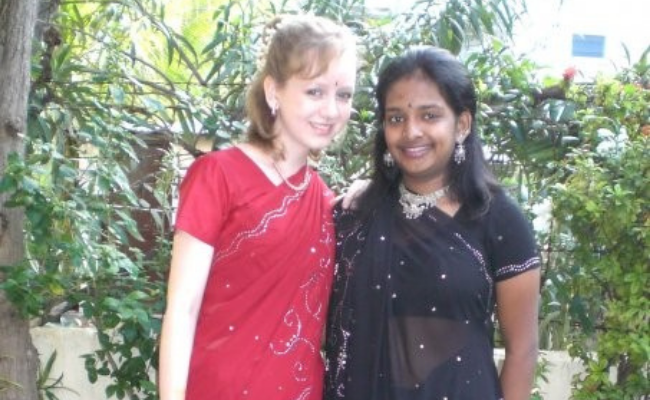 Felicity Herrmann with a school friend in Chennai, India
