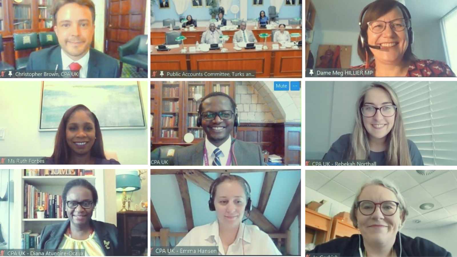 The Turks and Caicos Islands Public Accounts Committee (top middle and left middle) with UK PAC Chair, Dame Meg Hillier MP (top right), Isle of Man Clerk, Jo Corkish (bottom right) and CPA UK staff.