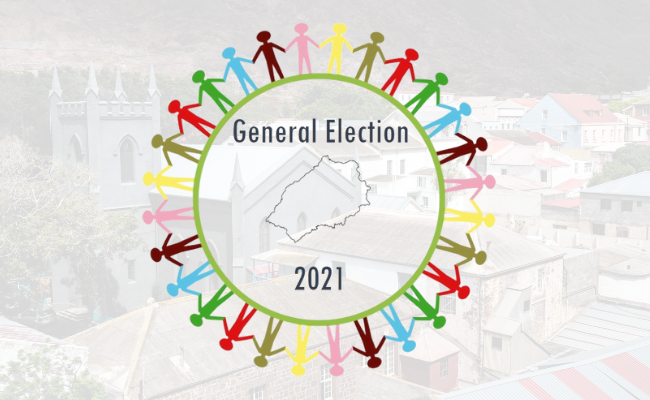 St Helena General Election 2021 logo with island outline surrounded by colourful figures