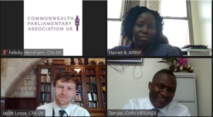 A Zoom meeting screenshot shows a CPA UK staff member and two delegates from the Parliament of Uganda
