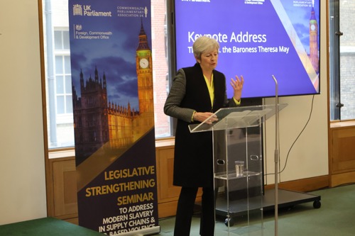 A photo of former Prime Minister Baroness May of Maidenhead delivering the keynote speech at a former event by CPA UK on addressing modern slavery in supply chains
